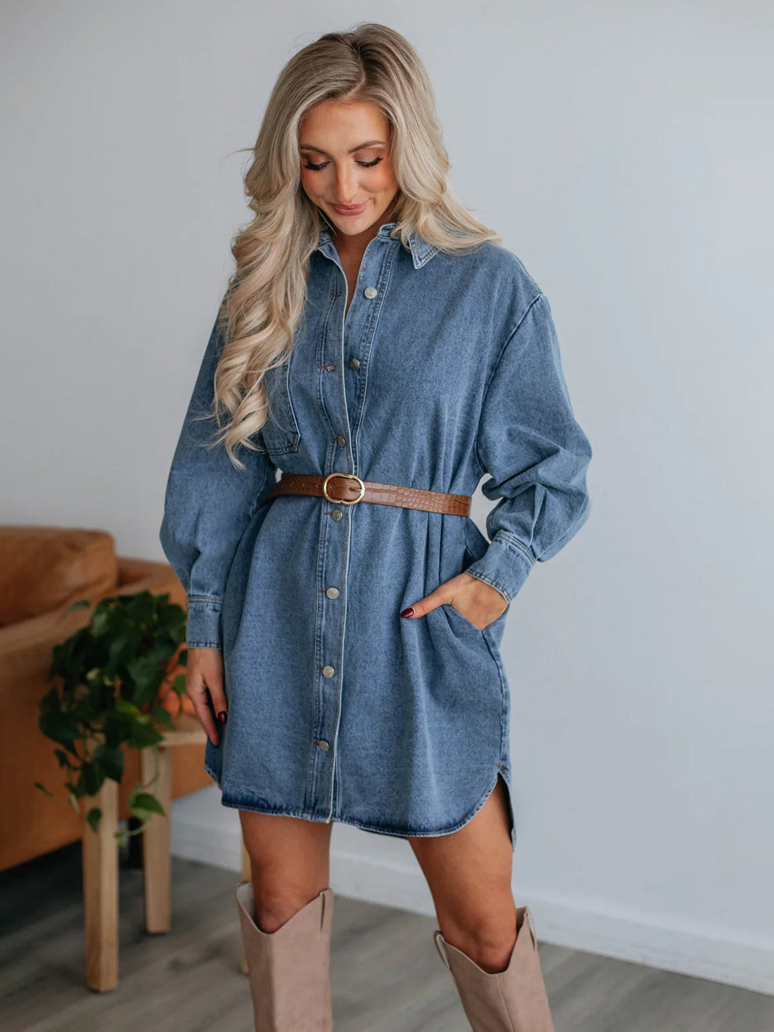 Button Up Collared Neck Long Sleeve Denim Dress – LaLa D&C