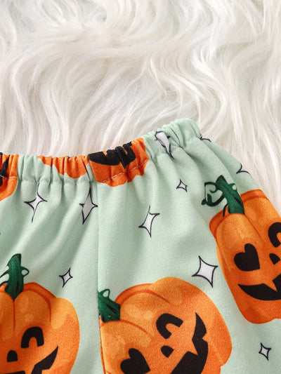  Halloween Print Flounce Sleeve Top & Flare Leg Pants