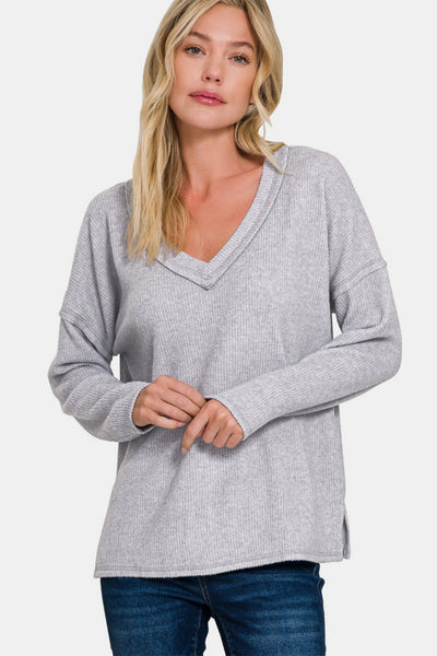 Fast Shipping🇺🇸 Zenana Full Size Ribbed V-Neck Drop Shoulder Top