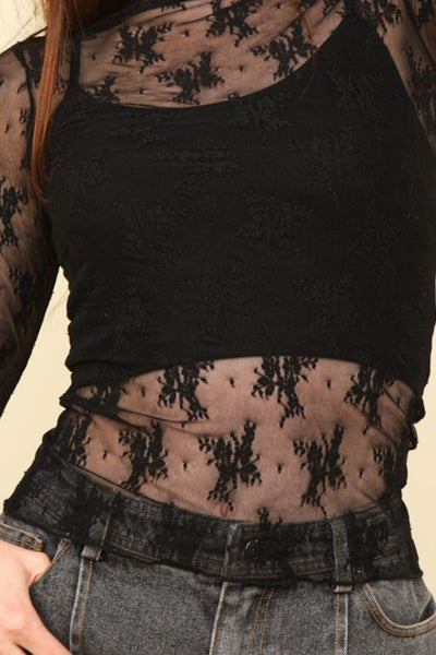 Fast Shipping🇺🇸 VERY J Mock Neck Fitted Sheer Mesh Lace Blouse