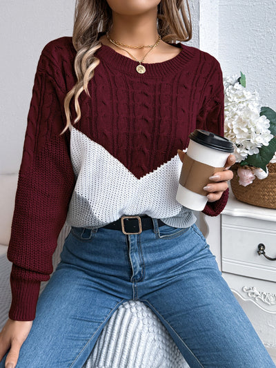 Cable-Knit Color Block Round Neck Sweater