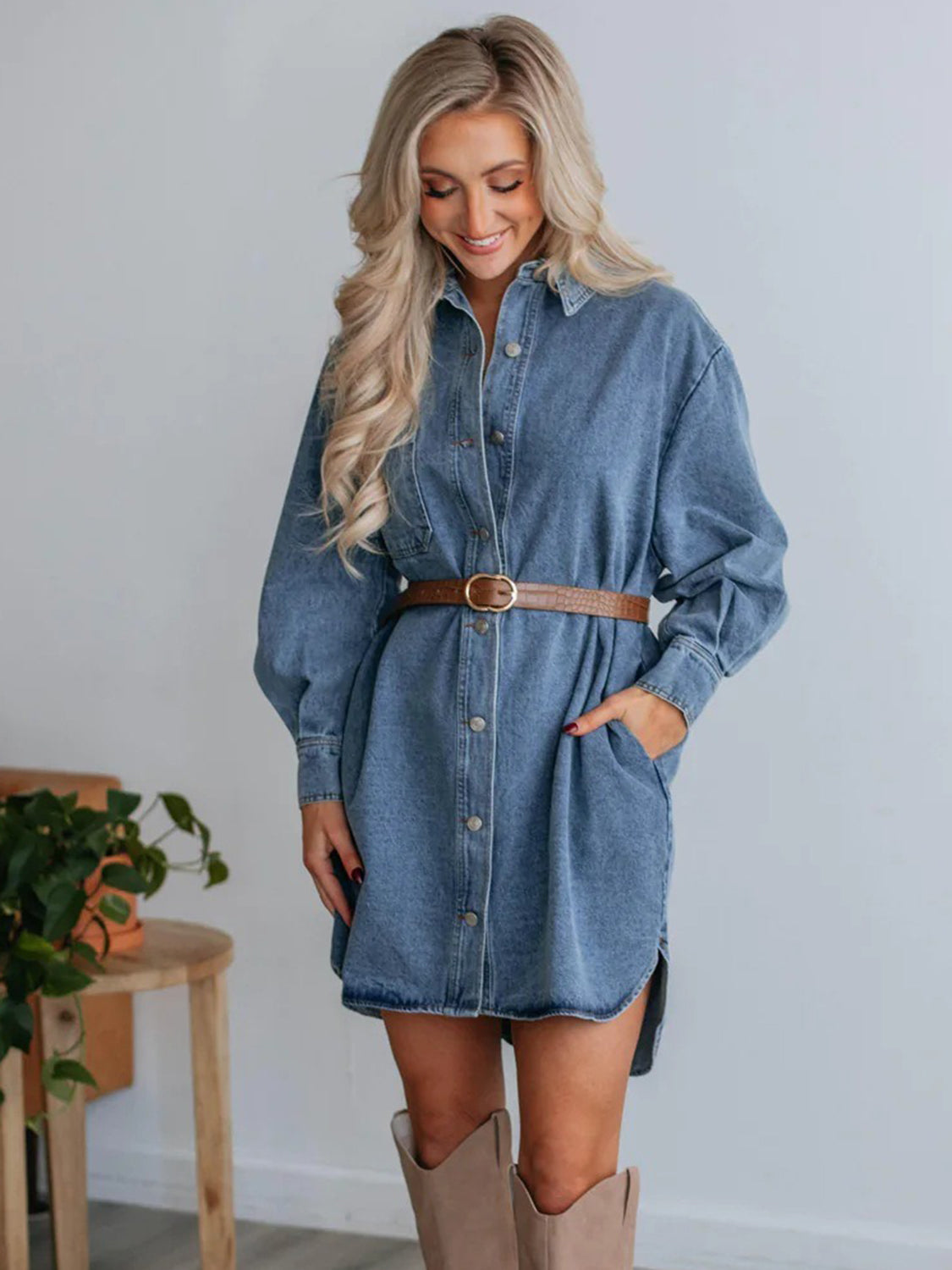 Button Up Collared Neck Long Sleeve Denim Dress Medium / S