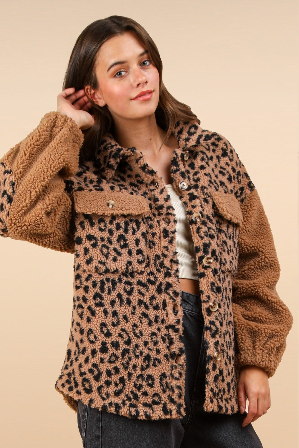 Fast Shipping🇺🇸 VERY J Fuzzy Leopard Button Down Long Sleeve Jacket