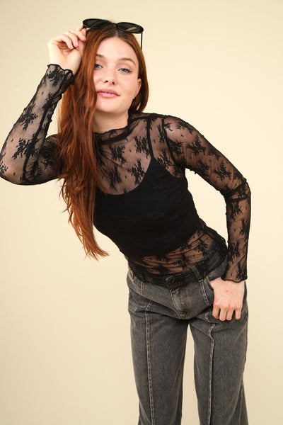 Fast Shipping🇺🇸 VERY J Mock Neck Fitted Sheer Mesh Lace Blouse