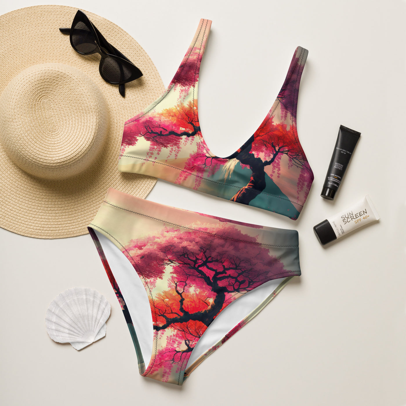 Cherry Blossom High-Waisted Bikini Sewn and Designed in USA
