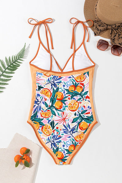 Printed V-Neck Tie Shoulder One-Piece Swimwear