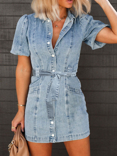 Puff Sleeve Button Up Mini Denim Dress