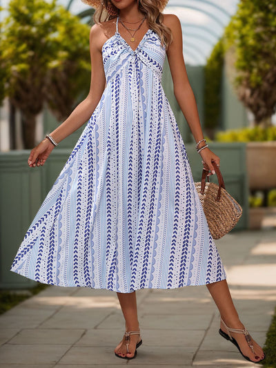 Tied Printed Halter Neck Sleeveless Midi Dress