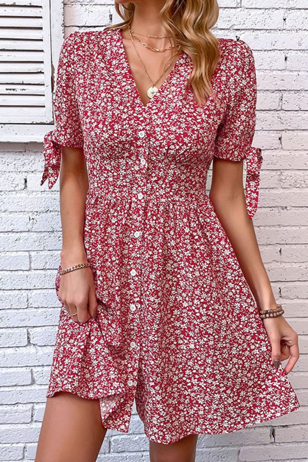 Ditsy Floral Tied Puff Sleeve Button Front Dress