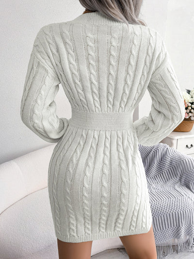 White Cable-Knit V-Neck Mini Sweater Dress - LALA D&C