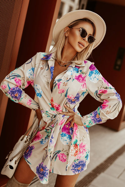 Floral Tie Waist Mini Shirt Dress - LALA D&C