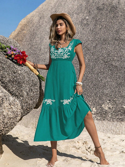 Embroidered Square Neck Cap Sleeve Dress