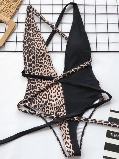 Tied Leopard Plunge One-Piece Swimwear