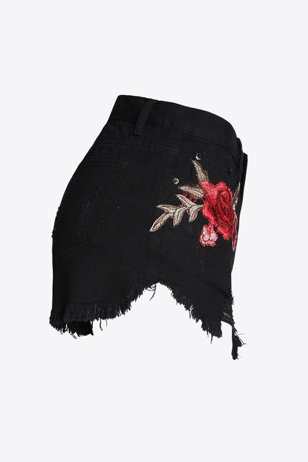 Embroidered Button-Fly Distressed Denim Shorts