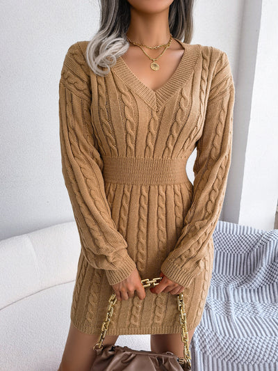 Brown Cable-Knit V-Neck Mini Sweater Dress - LALA D&C
