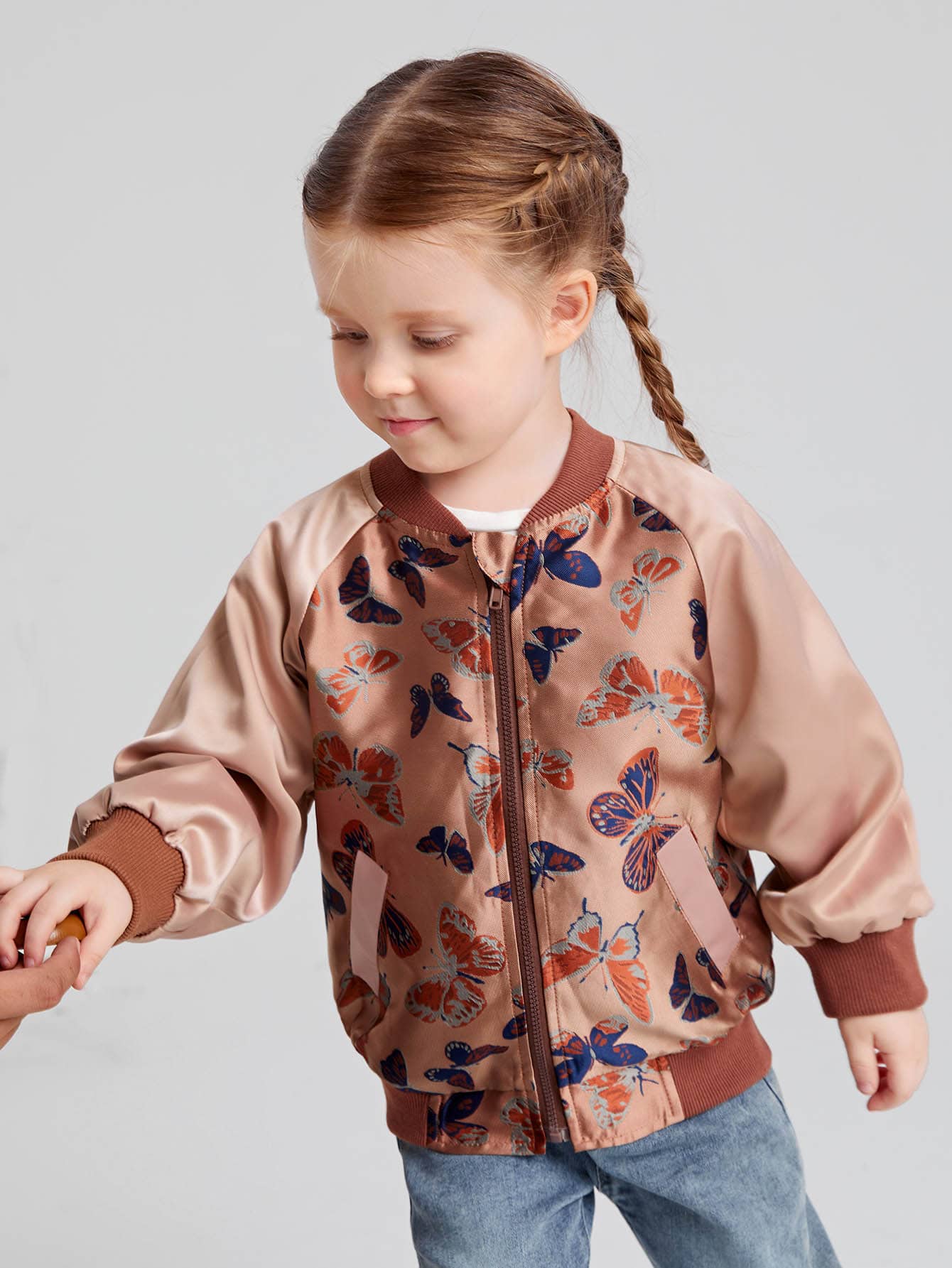  Girls Butterfly Print Raglan Sleeve Zipper Bomber Jacket