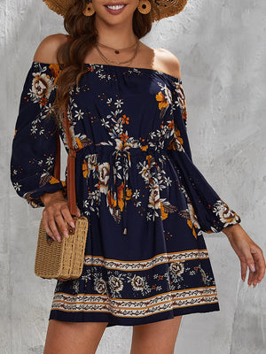 SHEIN Floral Print off Shoulder Drawstring Waist Dress - LALA D&C