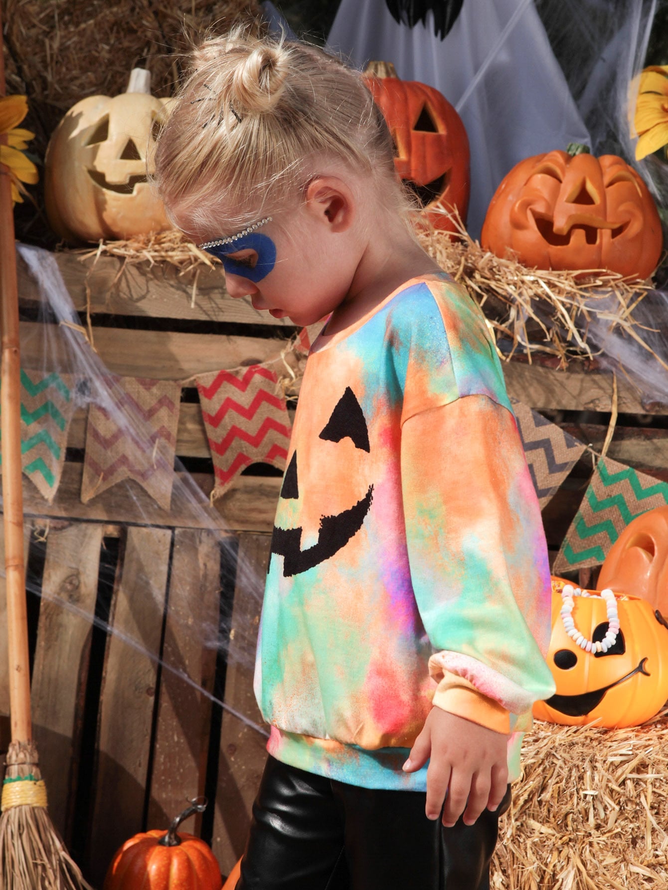  Toddler Girls Drop Shoulder Halloween Print Tie Dye Pullover