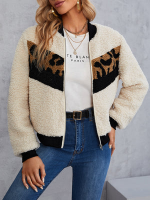 Leopard Pattern Colorblock Teddy Bomber Jacket