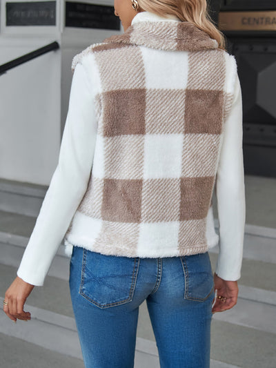 Buffalo Plaid Pattern Waterfall Collar Teddy Vest Coat