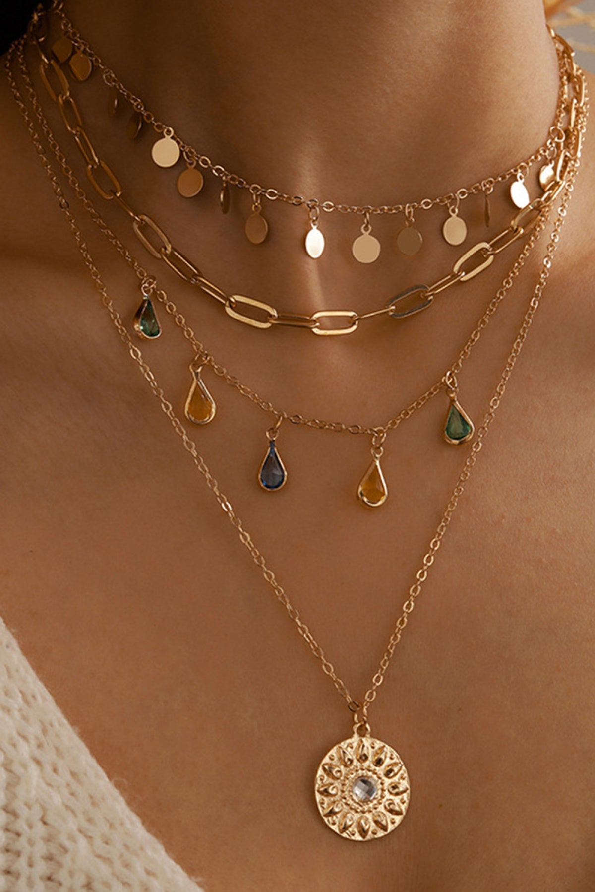 Gold Boho Water Drop Colorful Crystal Pendant Necklace