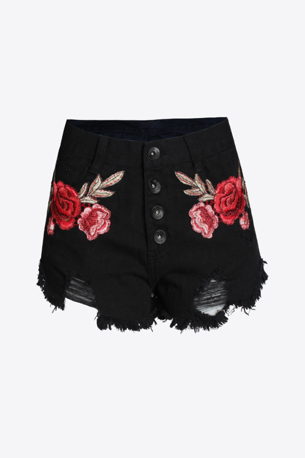Embroidered Button-Fly Distressed Denim Shorts
