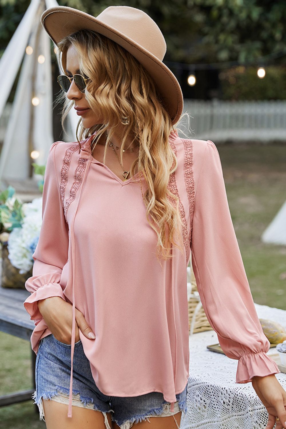 Tie Neck Puff Sleeve Blouse
