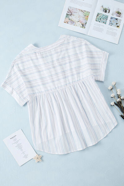 Striped Notched Short Sleeve T-Shirt