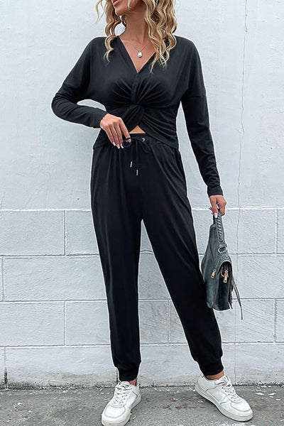 Twist Front Long Sleeve Top and Drawstring Waist Joggers Set