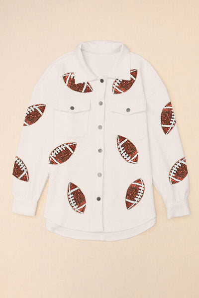 Sequin Football Patch Collared Neck Snap Button Jacket