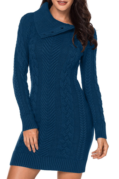 Cable-Knit Turtleneck Buttoned Sweater Dress