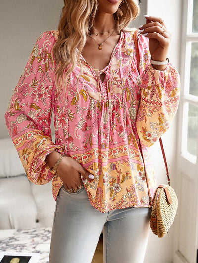 Floral Tie Neck Puff Sleeve Blouse