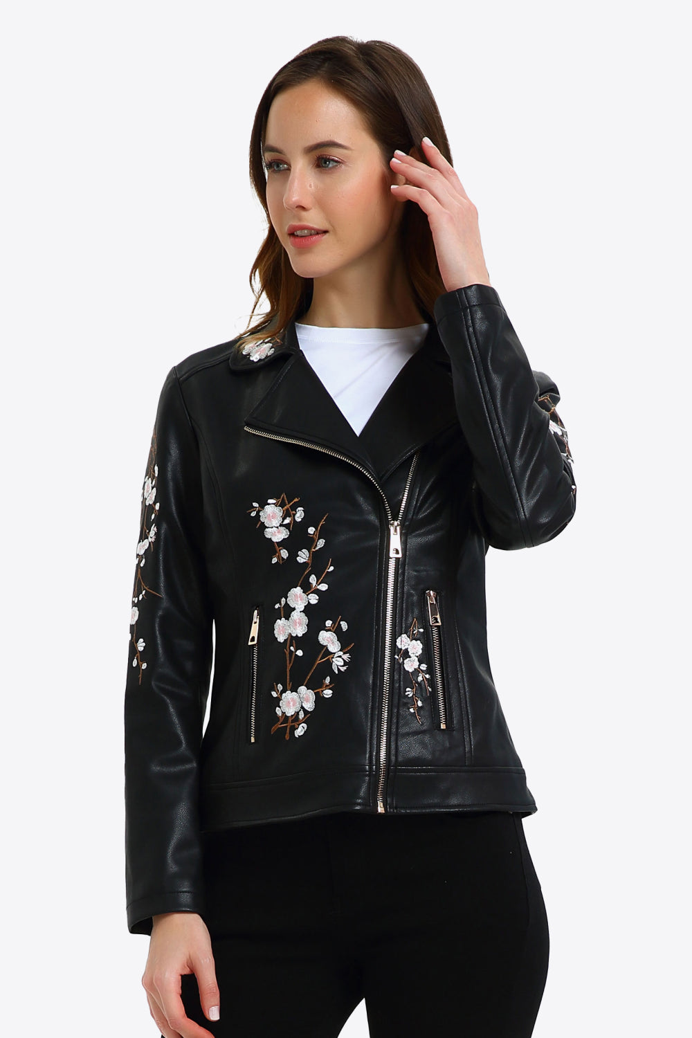 Embroidered Zip-Up PU Leather Jacket