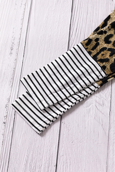 Leopard Stripe Patchwork Sequin Pocket Long Sleeve Girl's Top