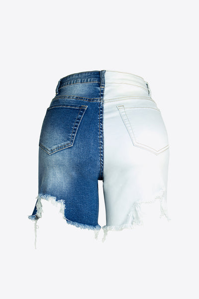 Contrast Cutout Frayed Hem Denim Shorts