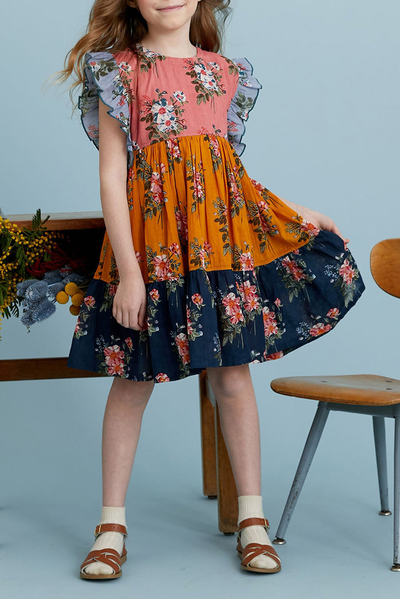 Multicolor Little Girl Colorblock Floral Print Ruffles Pleated Midi Dress