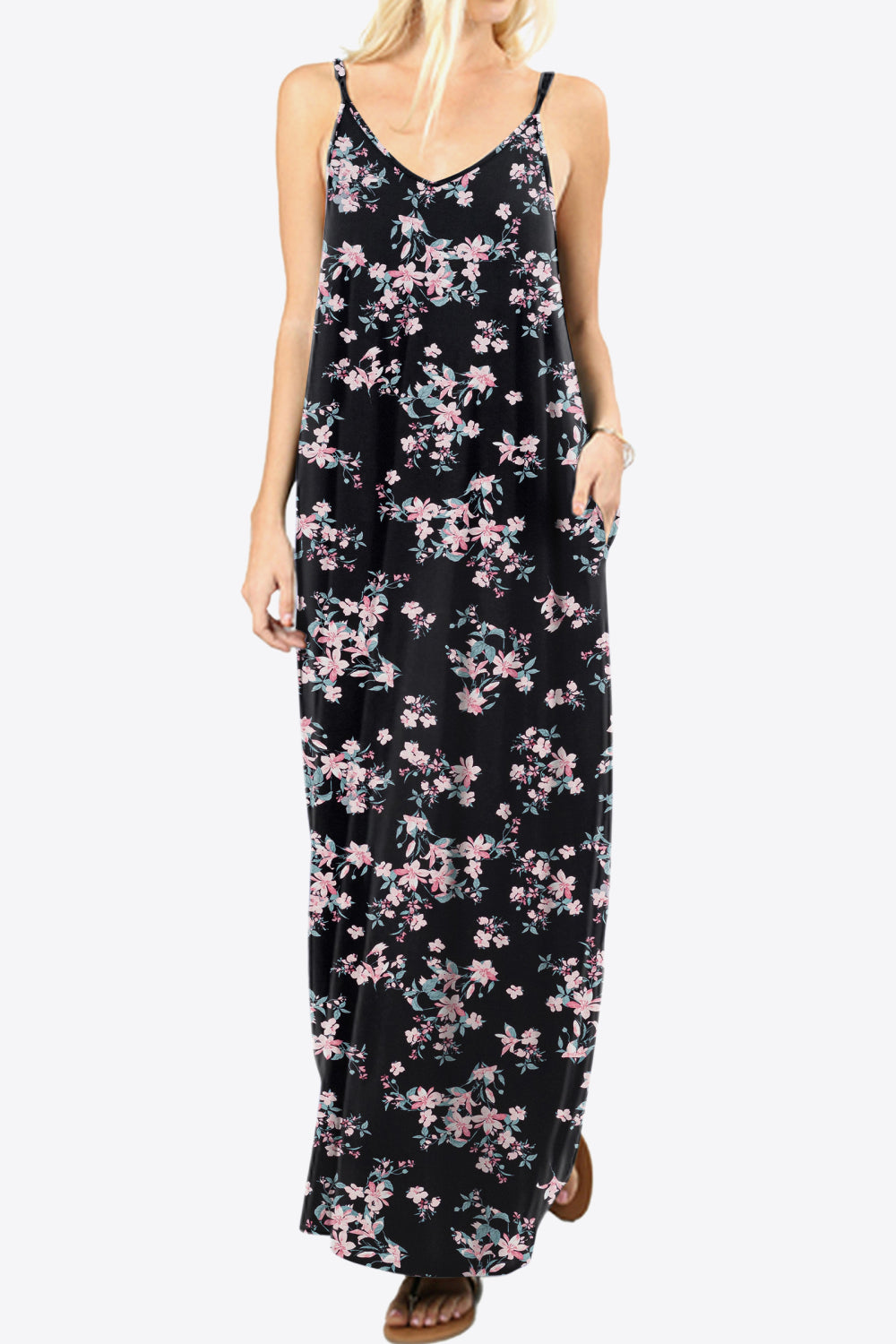 Floral Spaghetti Strap Maxi Dress with Pockets