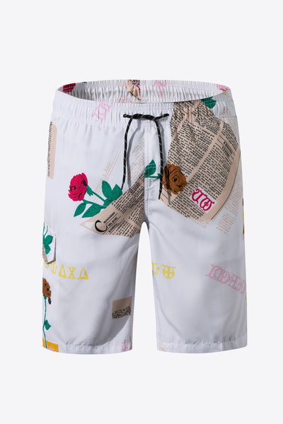 Full Size Newspaper Print Drawstring Waist Swim Trunks