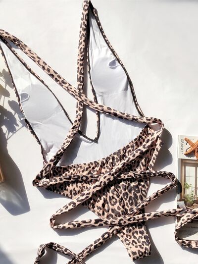 Tied Leopard Plunge One-Piece Swimwear
