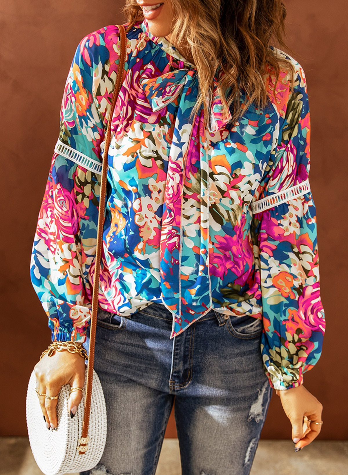 Bright Floral Tie Neck Balloon Sleeve Top