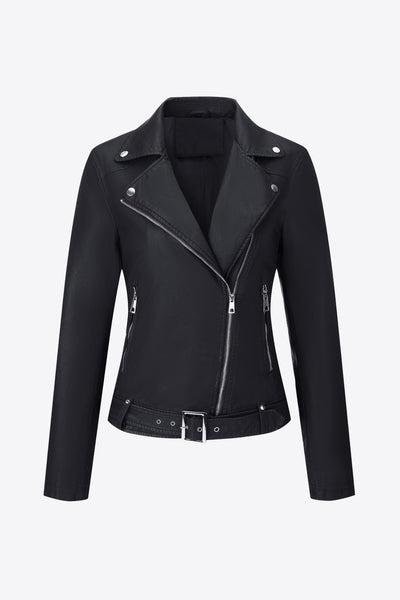 Buckle Detail Zip Up PU Leather Jacket