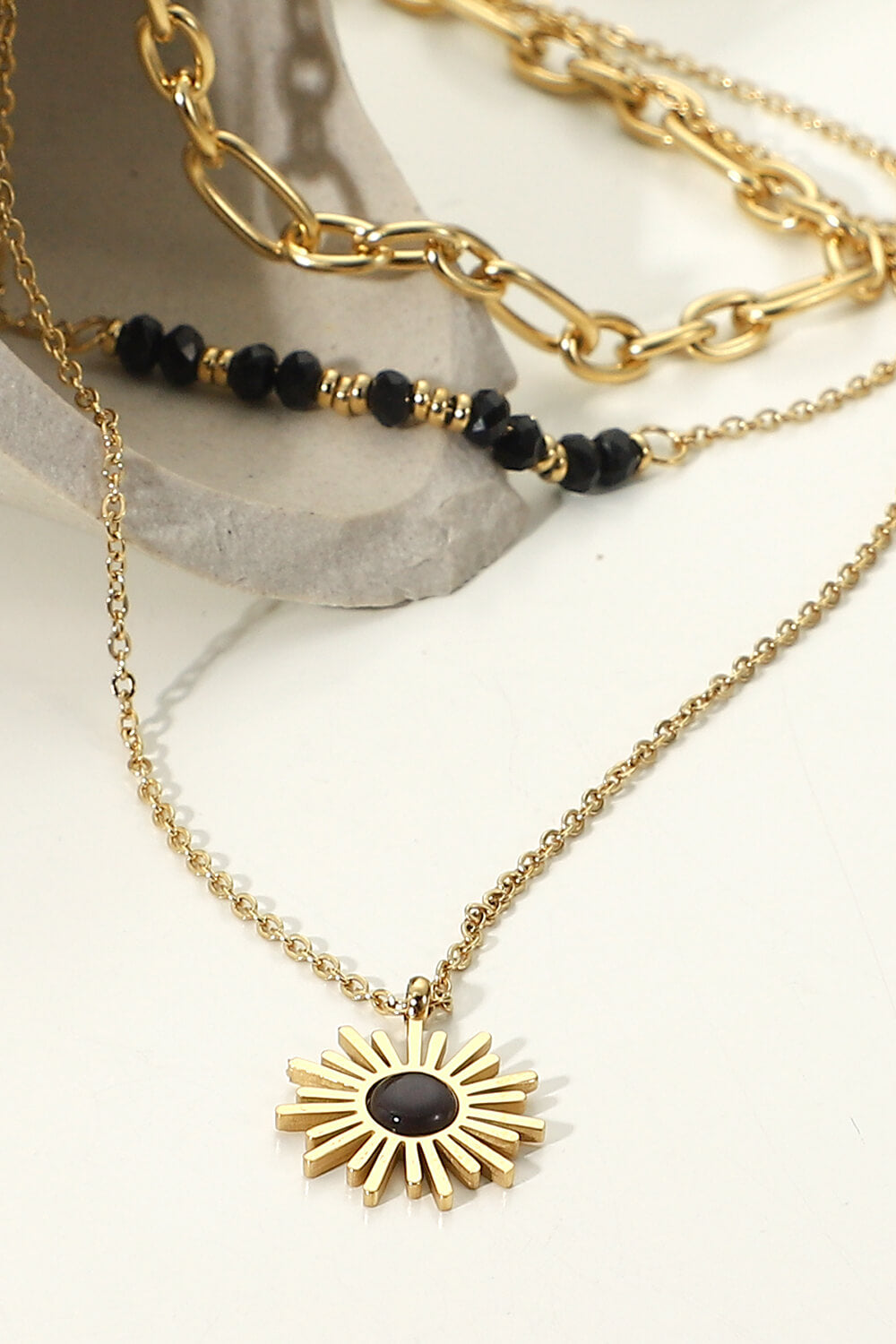 Sun Pendant Triple-Layered Chain Necklace