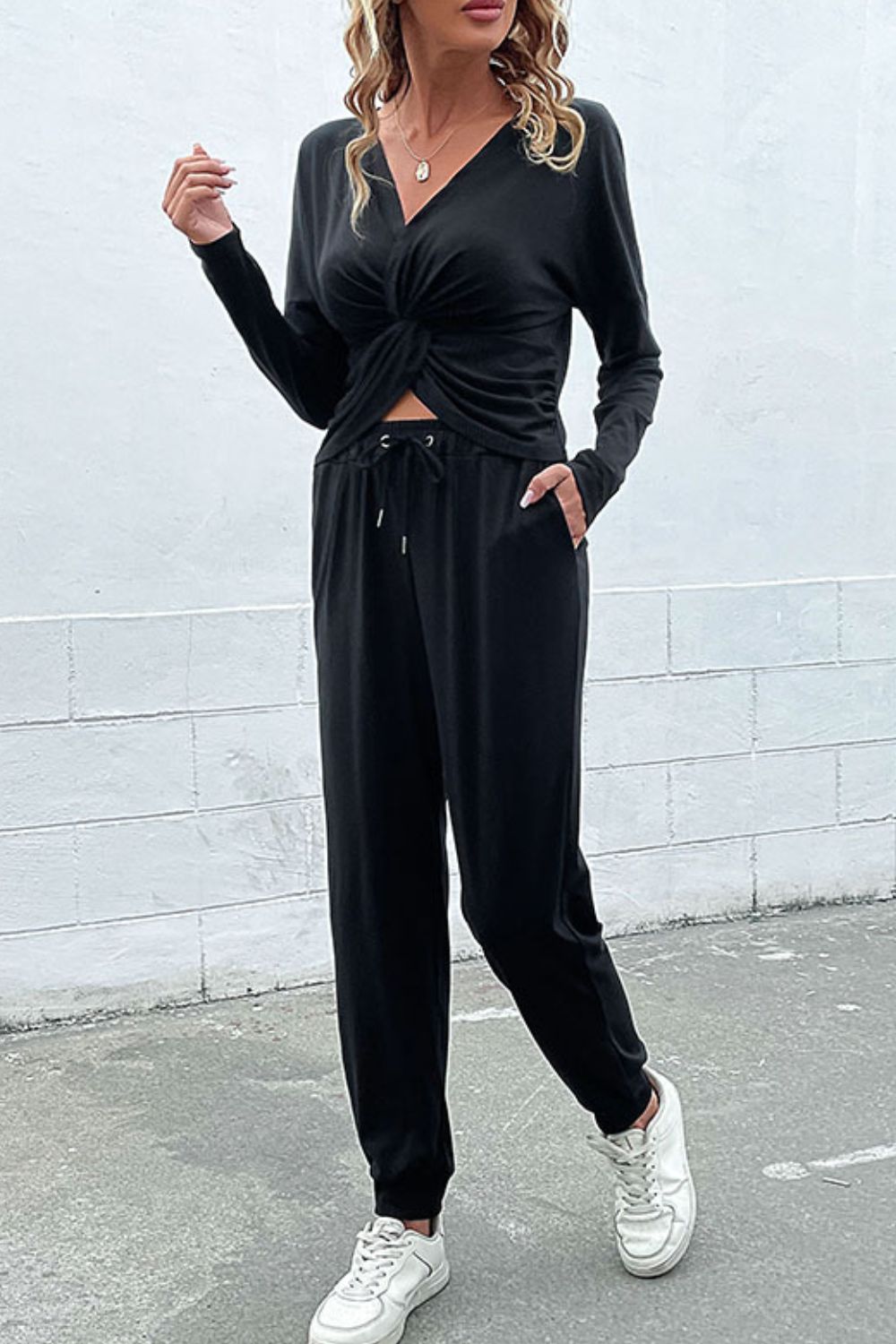 Twist Front Long Sleeve Top and Drawstring Waist Joggers Set