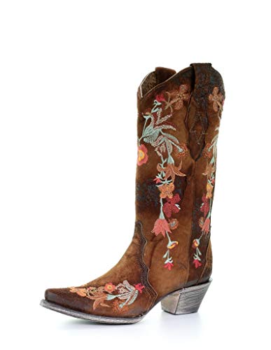 CORRAL Women's  Embroidered Lamb Leather Cowgirl Boot Snip Toe Chocolate