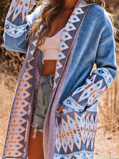 Plus Size Geometric  Open Front Cardigan with Pockets