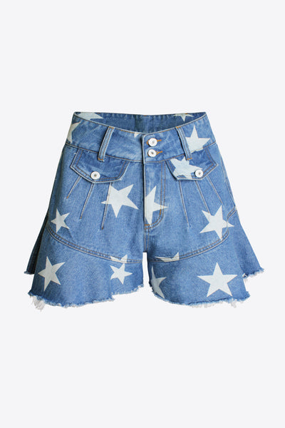 Star Print Raw Hem Wide Leg Denim Shorts