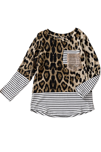 Leopard Stripe Patchwork Sequin Pocket Long Sleeve Girl's Top