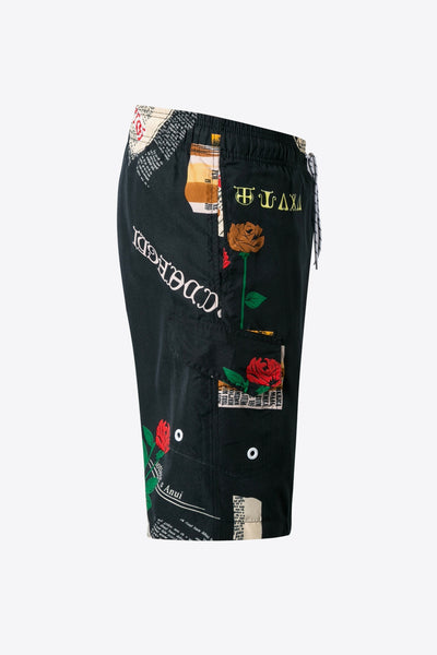 Full Size Newspaper Print Drawstring Waist Swim Trunks