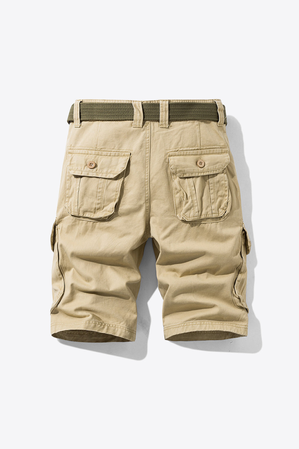 Button and Zip Closure Belted Cargo Shorts