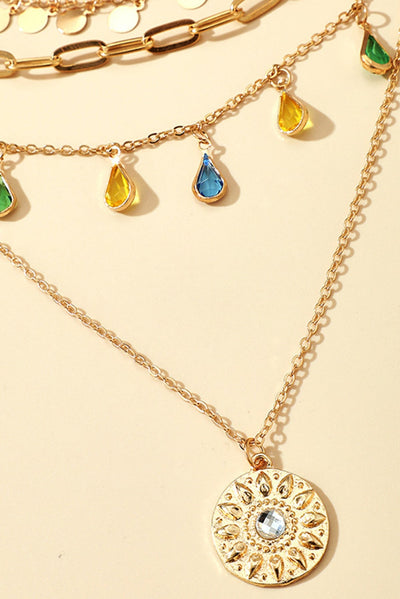 Gold Boho Water Drop Colorful Crystal Pendant Necklace